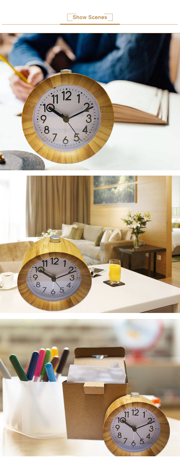 real bamboo non-ticking quartz clock