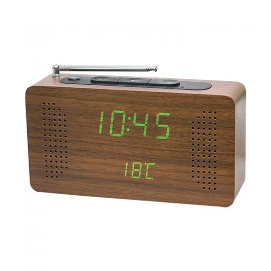 Portable FM radio with digital wooden LED clock