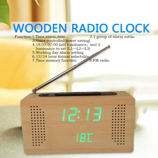 Portable FM radio with digital wooden LED clock