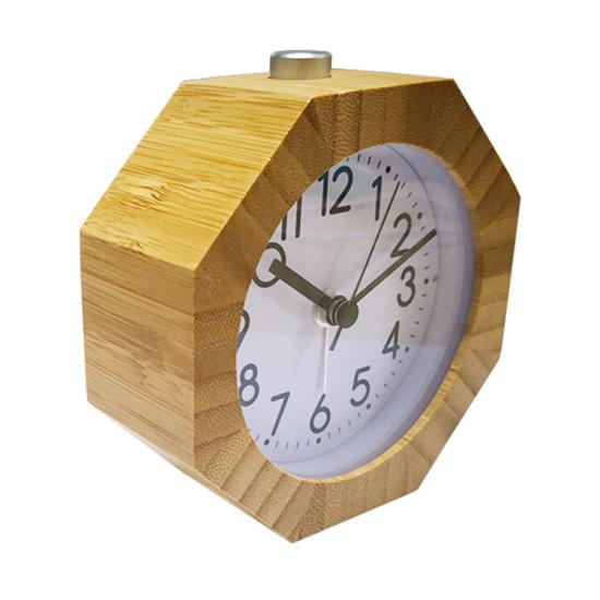 Octagonal wood frame silent quartz sweep movement desk clock