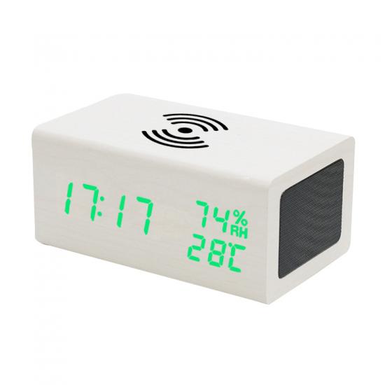 bluetooth speaker with wireless charger and alarm clock with temperature and humidity