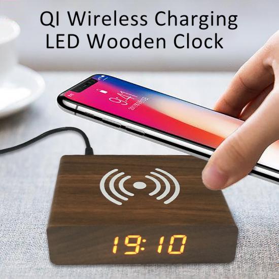 Mini compact qi wireless charging digital wooden alarm clock