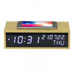 Phone wireless charging Bamboo LED clock with Bluetooth speaker