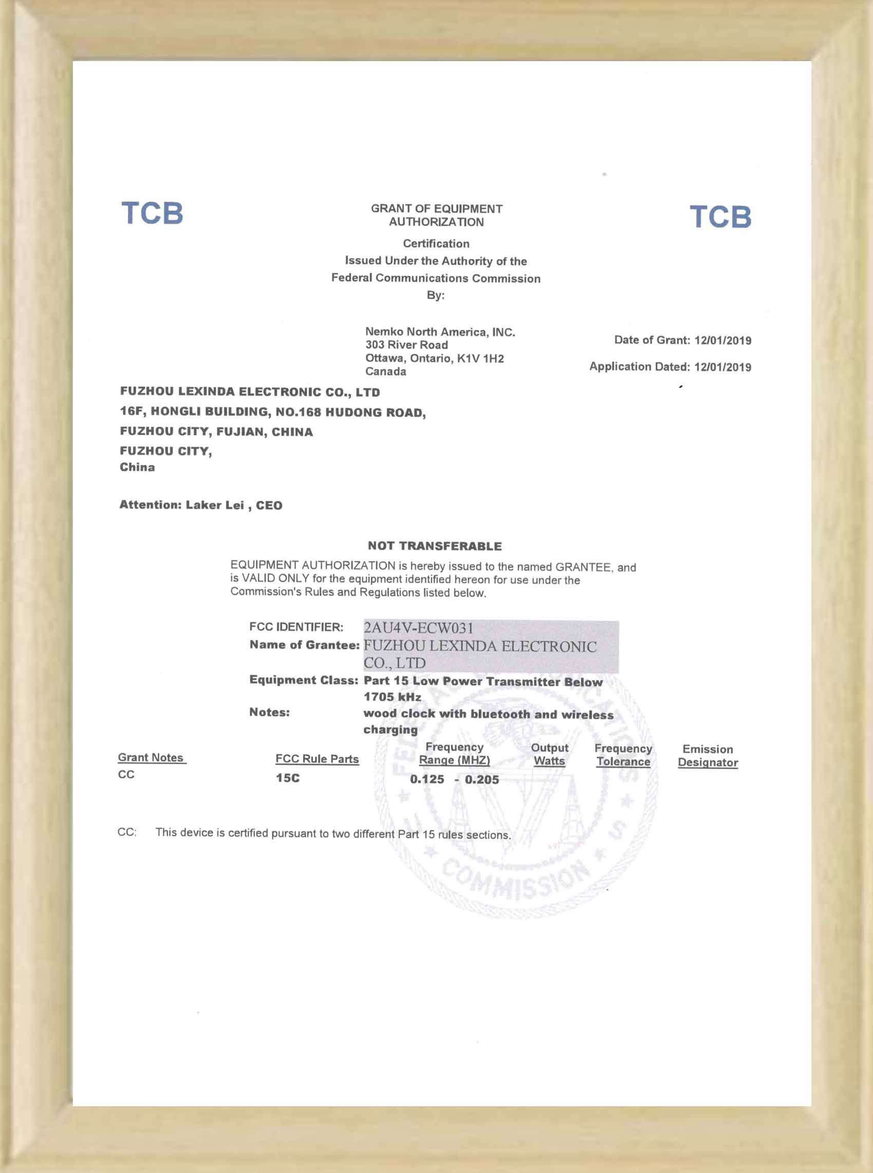 fcc-zertifikat 2 für lautsprecheruhr mit drahtlosem ladegerät
